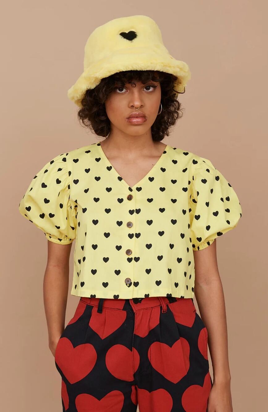 Lazy Oaf Lemon Yellow Heart Love Puff Sleeve Boxy Crop Button Down Blouse Size 2